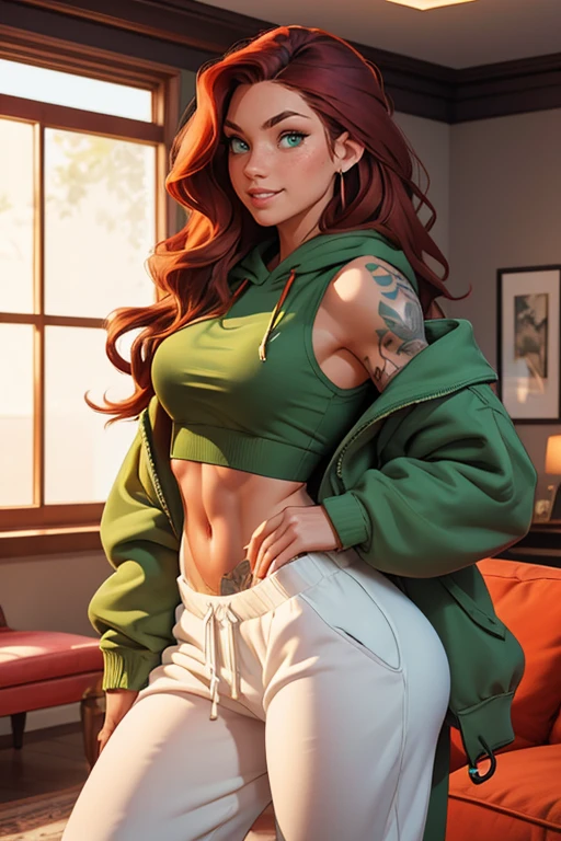 Athletic fit 30 year old woman, long wavy red hair down her back, big beautiful green eyes, freckles, muscle tone, wearing baggy sweatpants and a small loose baggy oversized white hoodie with offshoulder wide neck , visible underwear coming up from sweatpants, small muscle definition in shoulders, curvy, wide hips, thick thighs, nice big muscular ass, mature face, grinning, tattoos, in a living room, Instagram model