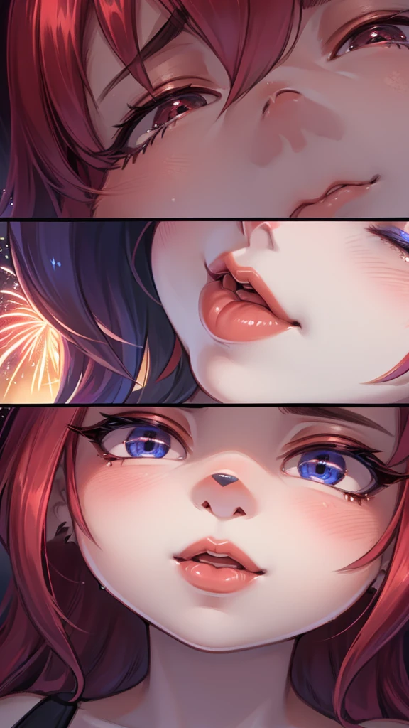 Hallucination, daydream , horror , Fear , bokeh , fox girl , hair tie , Medium hair , up hair , Sensual nape , Fireworks display , (closeup face:1.9) , glossy lips , detail , (Close eyes) , Waiting for a kiss , from below , (woman on top) , steamy breath , I can not stand it any longer , Mouth gesture , (Hand job gesture:0.8) , (Hair falls towards the viewer) , Peeking Down , Applying lipstick , Lipstick advertisement , Rouge lipstick