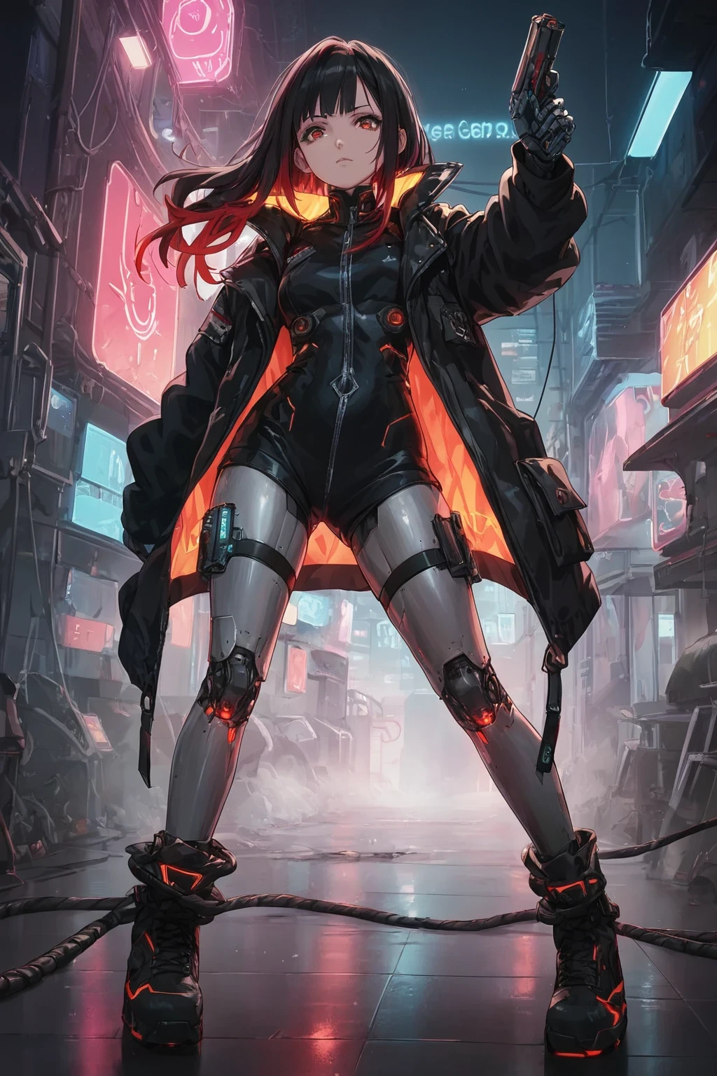 score_9, score_8_up, score_7_up, BREAK,
Cute Girl, masterpiece,(bestquality),highlydetailed,ultra-detailed,1 girl,(black and red tones),(mechanical),(cool),(biodesign),(cyborg),(biomechanics),long black hair with red highlights,(metallic skin),(glowing red eyes),(cybernetic limbs),(wires and tubes),(futuristic outfit),(leather jacket),(combat boots),(in a cyberpunk city with neon lights),(holding a gun),(looking confident and fierce)