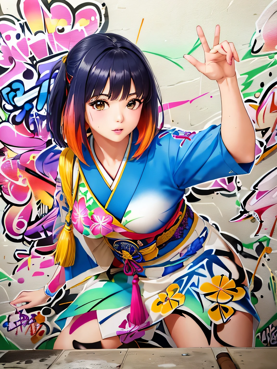 Mai Yonezawa style, 8K quality, watercolor painting, stylish design, (((The strongest beautiful girl of all time))), (((Japanese)))、Idol、clear, Stylish sunglasses, Fashionable hats, (((highest quality))), bob hair, put your hand on the wall, HDR, ((Detailed details)), stylish fashion, detailed clothing texture, (((graffiti art))), colorful hair, ((masterpiece))、((Super detailed))、(((colorful flowers)))