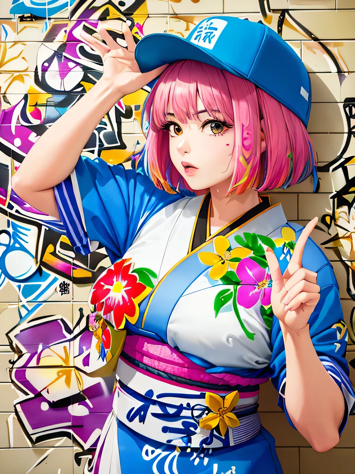Mai Yonezawa style, 8K quality, watercolor painting, stylish design, (((The strongest beautiful girl of all time))), (((Japanese)))、Idol、clear, Stylish sunglasses, Fashionable hats, (((highest quality))), bob hair, put your hand on the wall, HDR, ((Detailed details)), stylish fashion, detailed clothing texture, (((graffiti art))), colorful hair, ((masterpiece))、((Super detailed))、(((colorful flowers)))
