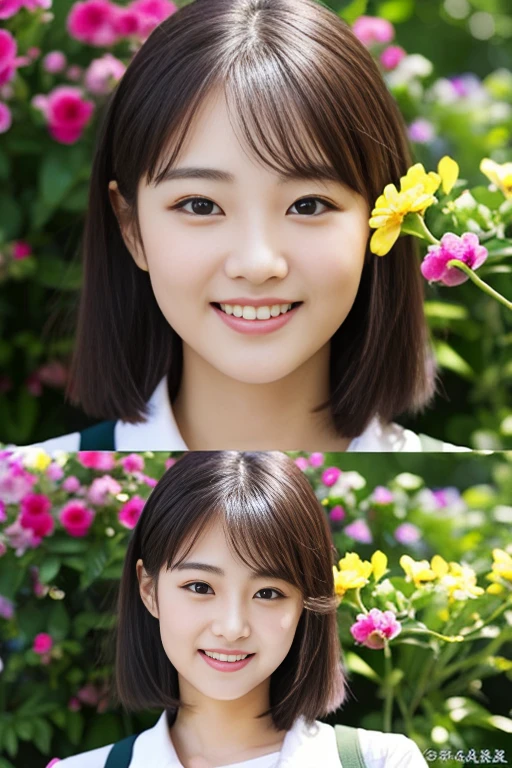 (((full bodyesbian)))、((Girls' High School Uniforms))、((１a person))、ponytail、short-hair、Close to the subject、((a school flower beds)))、(((ssmile)))、(((Girls' High School)))、((a beauty girl))、((sexy  pose))、Photorealsitic、Beautiful detailed eyes、Hyper-Realism、highcontrast、Ultra HD、realistic skin textures、Top image quality、top-quality、超A high resolution、Fine details、Very meticulously、well-endowed round bosom