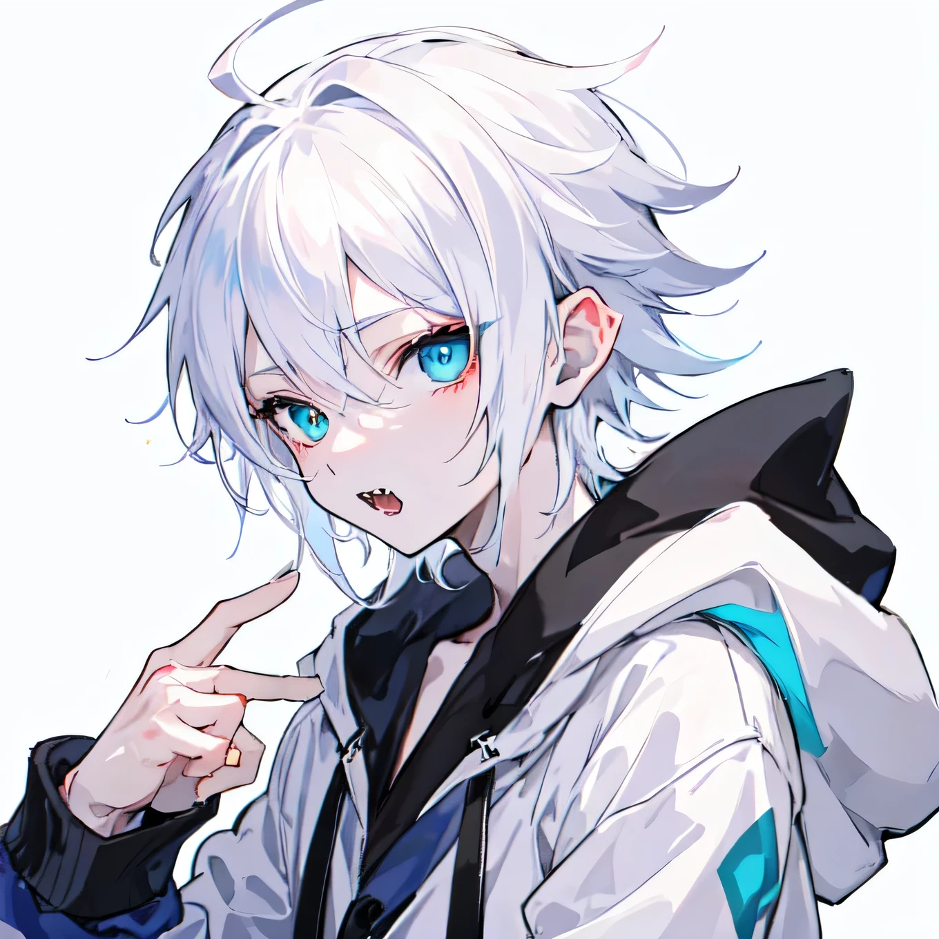 1Boy, Boyish, Catboy, Fangs Showing, Ultra-detailed Ice-colored Dragon Eyes, Eye-focus, Snow-White Hair, Head Shot, Cute Expression, Tight Hoodie, Plain Background