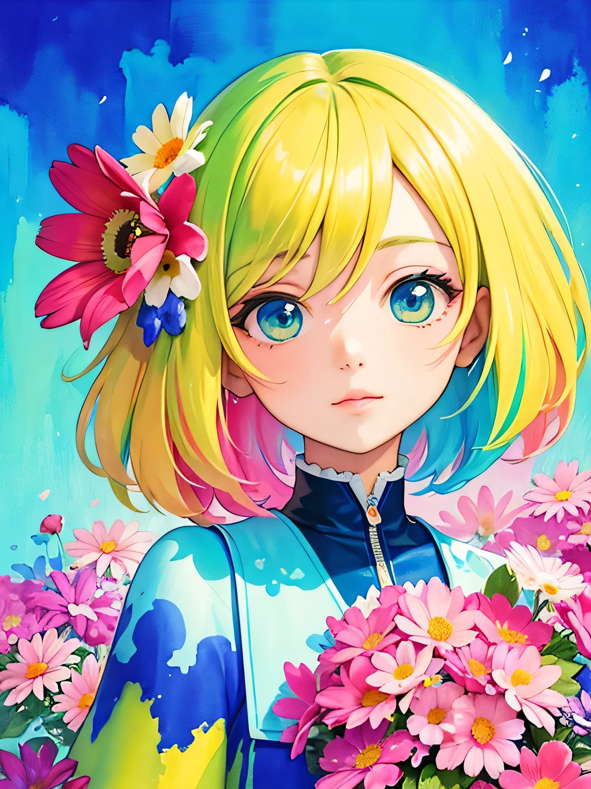 Mika Pikazo style、(((stylish fashion))), 8K Quality、Intense watercolor, Detailed watercolor art, Watercolor splash, Surreal, avant-garde pop art, Beautiful and expressive paintings, Beautiful artwork illustration, Very colorful tones, wonderful, Cool beauty, highest quality、Official Art, Vector art, Stylish design, (((The most beautiful girl))), (((highest quality))), HDR, ((detailed)), (((Doodle Art)), ((masterpiece)), ((Super detailed)), (((Colorful flowers))),(((Stylish))),