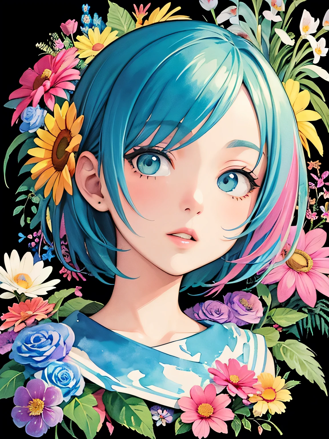 Mika Pikazo style、(((stylish fashion))), 8K Quality、Intense watercolor, Detailed watercolor art, Watercolor splash, Surreal, avant-garde pop art, Beautiful and expressive paintings, Beautiful artwork illustration, Very colorful tones, wonderful, Cool beauty, highest quality、Official Art, Vector art, Stylish design, (((The most beautiful girl))), (((highest quality))), HDR, ((detailed)), (((Doodle Art)), ((masterpiece)), ((Super detailed)), (((Colorful flowers))),(((Stylish))),