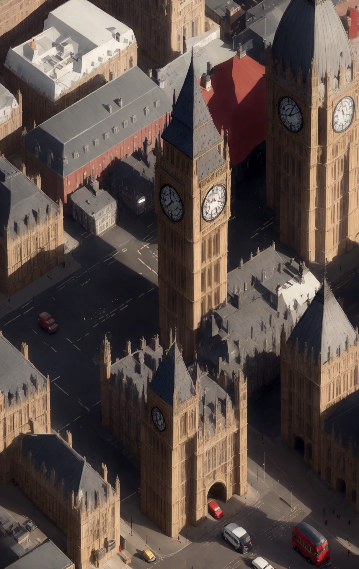Aerial photograph of the Houses of the United Kingdom,Big Ben, London, the street,There are red double-decker buses on the streets,Pedestrians and cars,Rich in detail,photo realistic style:Photogram