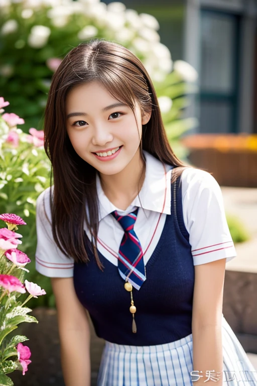 (((full bodyesbian)))、((Girls' High School Uniforms))、((１a person))、ponytail、short-hair、Close to the subject、((a school flower beds)))、(((ssmile)))、(((Girls' High School)))、((a beauty girl))、((sexy  pose))、Photorealsitic、Beautiful detailed eyes、Hyper-Realism、highcontrast、Ultra HD、realistic skin textures、Top image quality、top-quality、超A high resolution、Fine details、Very meticulously、well-endowed round bosom