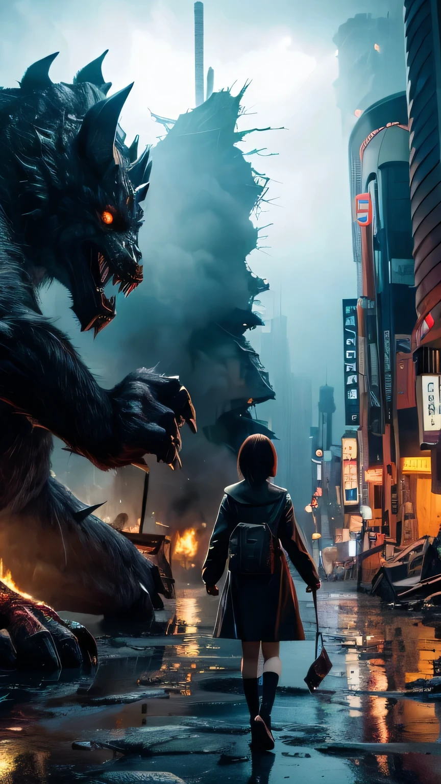 Ultra-high resolution, Superior Quality, highest quality, Super detailed, Realistic, 8k, highest quality, masterpiece, Japanese woman holding hands with a big monster, Ruined City, A dark, mysterious and eerie worldview,