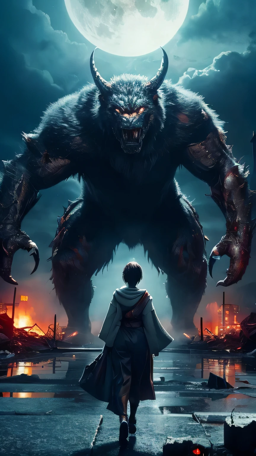 Ultra-high resolution, Superior Quality, highest quality, Super detailed, Realistic, 8k, highest quality, masterpiece, Japanese woman holding hands with a big monster, Ruined City, A dark, mysterious and eerie worldview,
