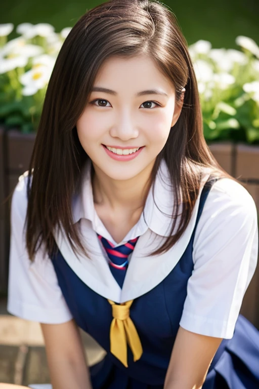 (((full bodyesbian)))、((Girls' High School Uniforms))、((1a person))、ponytail、short-hair、Close to the subject、((a school flower beds)))、(((ssmile)))、(((Girls' High School)))、((a beauty girl))、((sexy pose))、Photorealsitic、Beautiful detailed eyes、Hyper-Realism、highcontrast、Ultra HD、realistic skin textures、Top image quality、top-quality、超A high resolution、Fine details、Very meticulously、well-endowed round bosom