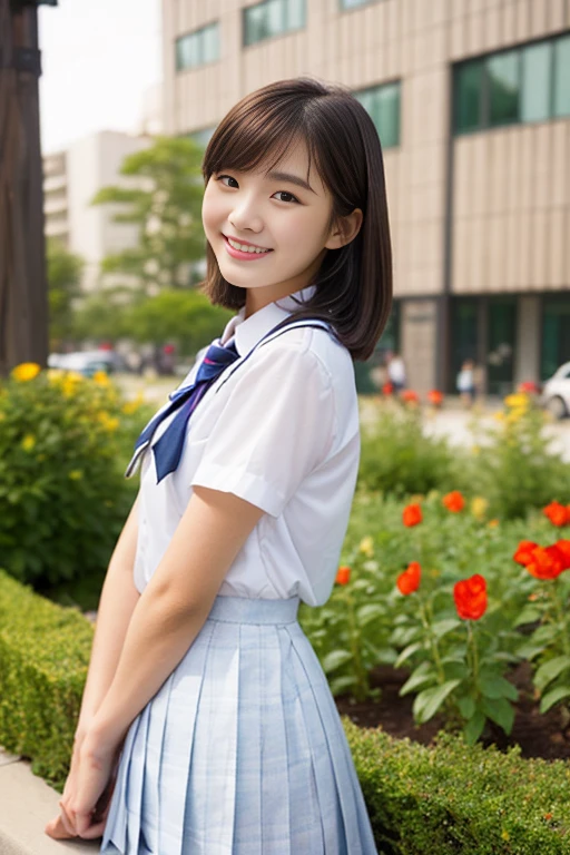 (((full bodyesbian)))、((Girls' High School Uniforms))、((1a person))、ponytail、short-hair、Close to the subject、((a school flower beds)))、(((ssmile)))、(((Girls' High School)))、((a beauty girl))、((sexy pose))、Photorealsitic、Beautiful detailed eyes、Hyper-Realism、highcontrast、Ultra HD、realistic skin textures、Top image quality、top-quality、超A high resolution、Fine details、Very meticulously、well-endowed round bosom