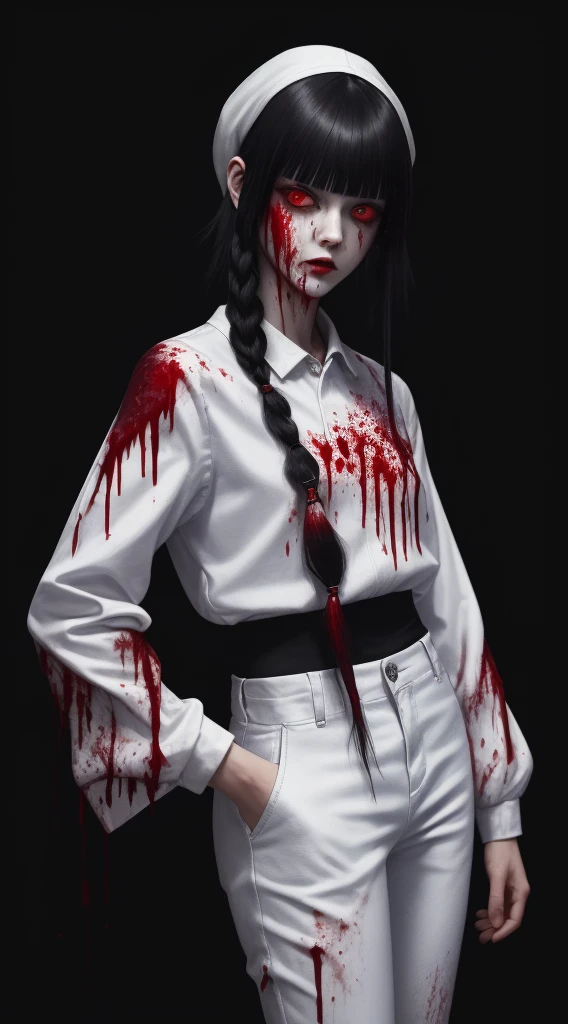 (masterpiece, best quality:1.2), cover image, splashed color background, highly detailed, colorful black, 1 girl, long silver hair, red eyes, short hair, blunt bangs, mannequin, cool face, ((( white clothes))), illustration, horror art, dread, creepy, blood, blood eyes, gore,