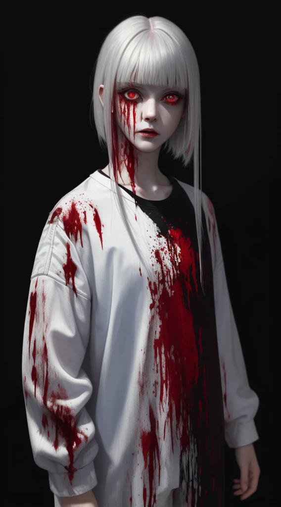 (masterpiece, best quality:1.2), cover image, splashed color background, highly detailed, colorful black, 1 girl, long silver hair, red eyes, short hair, blunt bangs, mannequin, cool face, ((( white clothes))), illustration, horror art, dread, creepy, blood, blood eyes, gore,