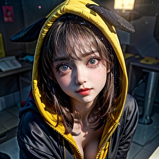  NSFW, (Girl in ((Yellow)) Pikachu hood), (naked hoodie, hood loosely open), MoreSode . masterpiece 8K best quality, (RAW PhotoRealistic HyperRealism:1.37) Ultra-detailed, (Acutance:0.85), VolumetricLighting, (Studio) gray background with (Blurred colorful Lights dazzling bokeH:1.28), { (Overflowing Gigantic Cleavage;1.37) | Navel | (Golden ray illuminating face) | (Photon Particles:0.95) } . BREAK . (((Extremely detailed KAWAII face, NOGIZAKA))), perfect anatomy, Childish, CaptivatingGaze, Elaborate detailed Eyes with (Sparkling Highlights:1.28), Beautifull Pupils, (Voluminous Long Eyelashes:0.88)、Glossy Lips, Rosy Cheeks, (Flawless FineSkin, Radiant PearlSkin with Transparency) . { (joyful expressions:1.28) | (:d) }, (Large eyes:-1) . (((from above, leaning forward with DownBlouse)))