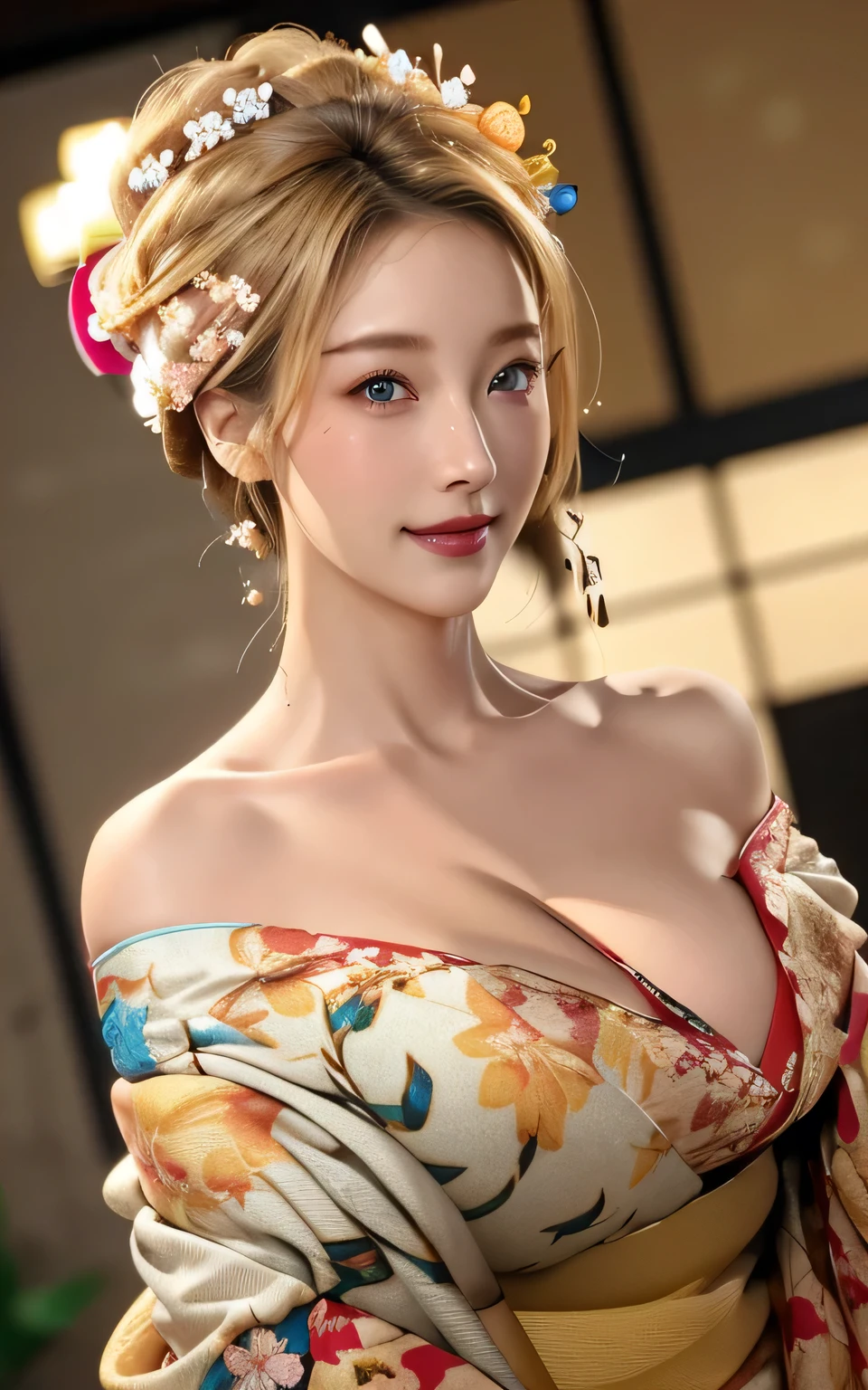 Realistic:1.8、Blonde、Italian、highest quality、1 girl、,Glowing Skin、Professional Lighting,Photorealistic、Perfect body、super high quality、Ultra-high Realistic image quality、Japanese、(Off-the-shoulder short length floral print kimono:1.6)、(Cleavage:1.5)、Tight waist、(blonde:1.3)、(Blurred Background)、(Grin)、、blue eyes、blonde、Tattoos all over the body、short hair、Hair tied up、Full body photo、Sexy Face、short hair、 A look of complete lust、(((masterpiece)))、((highest quality))、((Ultra-realistic))、Mature woman、Mature woman、perspective、Very detailed、The perfect temptation、Best image quality、Fine-grained image quality、beautiful、European, woman, French, woman Italian, Italian, smile、blue eyes、jewelry, blue eyes, Realistic, High resolution, Soft Light,Hip Up, Glowing Skin, (Detailed face),tattoo, jewelry, , night, blonde, Wavy Hair,attractive appearance, smile, Perfect Style, Perfect balance,