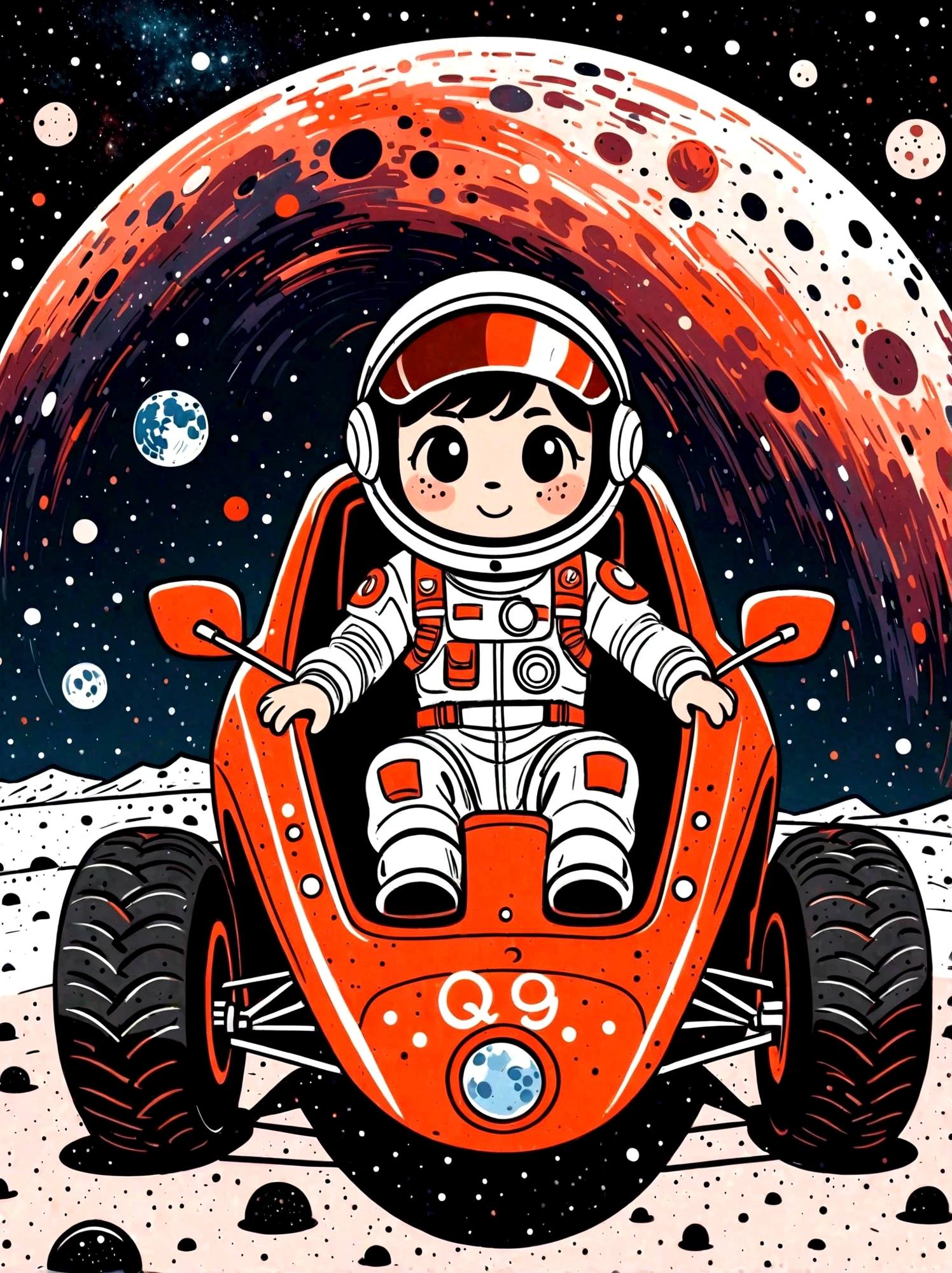 Cartoon hand drawn, A Q-version image with great visual impact,The details are vividly portrayed, Wearing a black visor, Wearing a crisp white suit with red shoulder straps, Cute hero riding a child'Three-wheeled vehicle with large grippy tires, Exploring the lunar surface, The background shows a stunning galaxy,Filled with stars and cosmic wonders, The palette is red, Orange and black shades,With a rough style, The background should have a simple hand-drawn doodle pattern