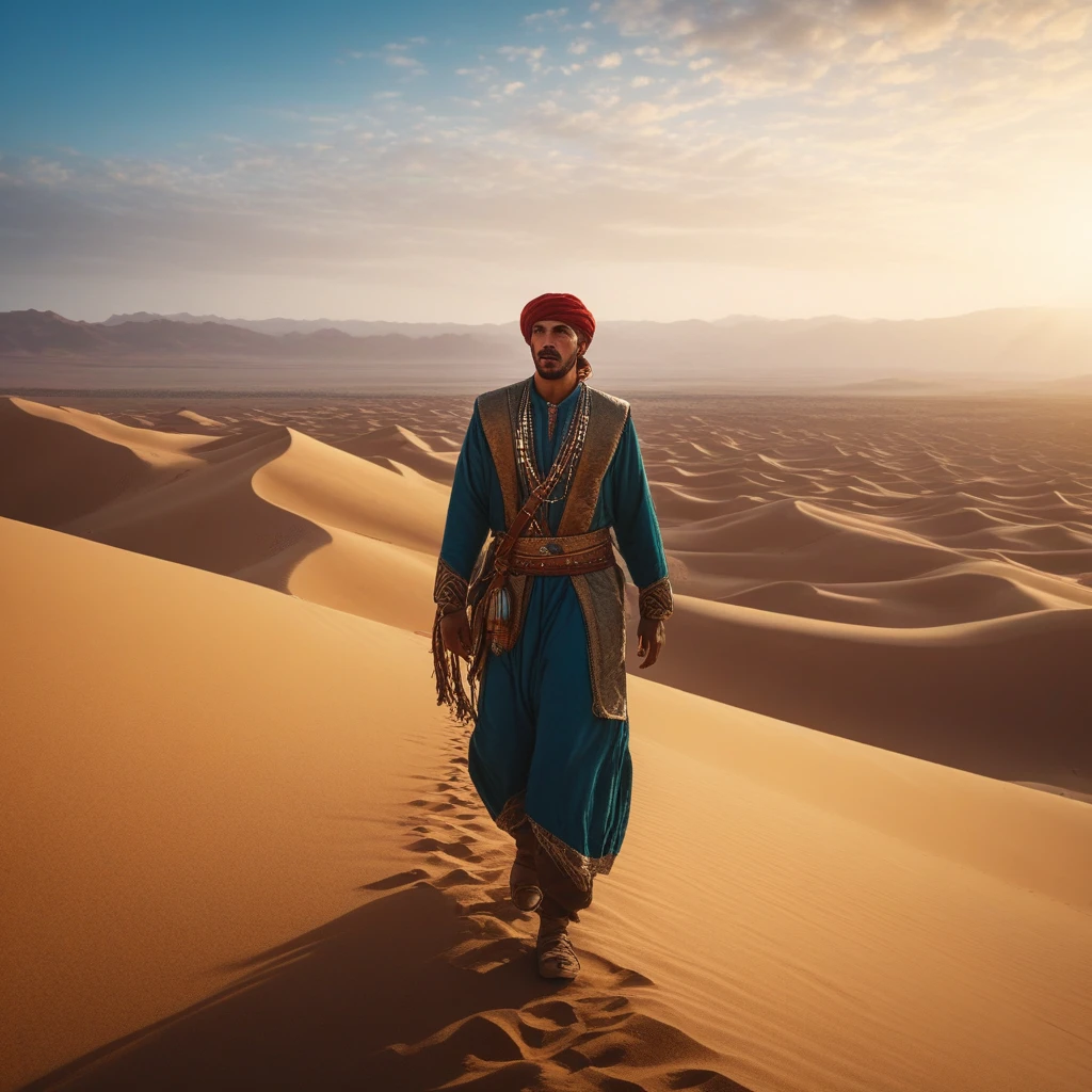 a moroccan hero wandering in the desert, looking at an oasis, searching for the truth, detailed portrait, intricate costume, dramatic lighting, cinematic composition, vibrant colors, photorealistic, 8k, highres, masterpiece