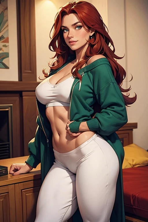 Athletic fit 30 year old woman, long wavy red hair down her back, big beautiful green eyes, freckles, muscle tone, wearing baggy sweatpants and a small loose baggy oversized white hoodie with offshoulder wide neck , exposed shoulder, sleeve draped on arm, visible underwear coming up from sweatpants, cleavage, small muscle definition in shoulders, curvy, wide hips, thick thighs, nice big muscular ass, mature face, grinning, tattoos, in a living room, Instagram model