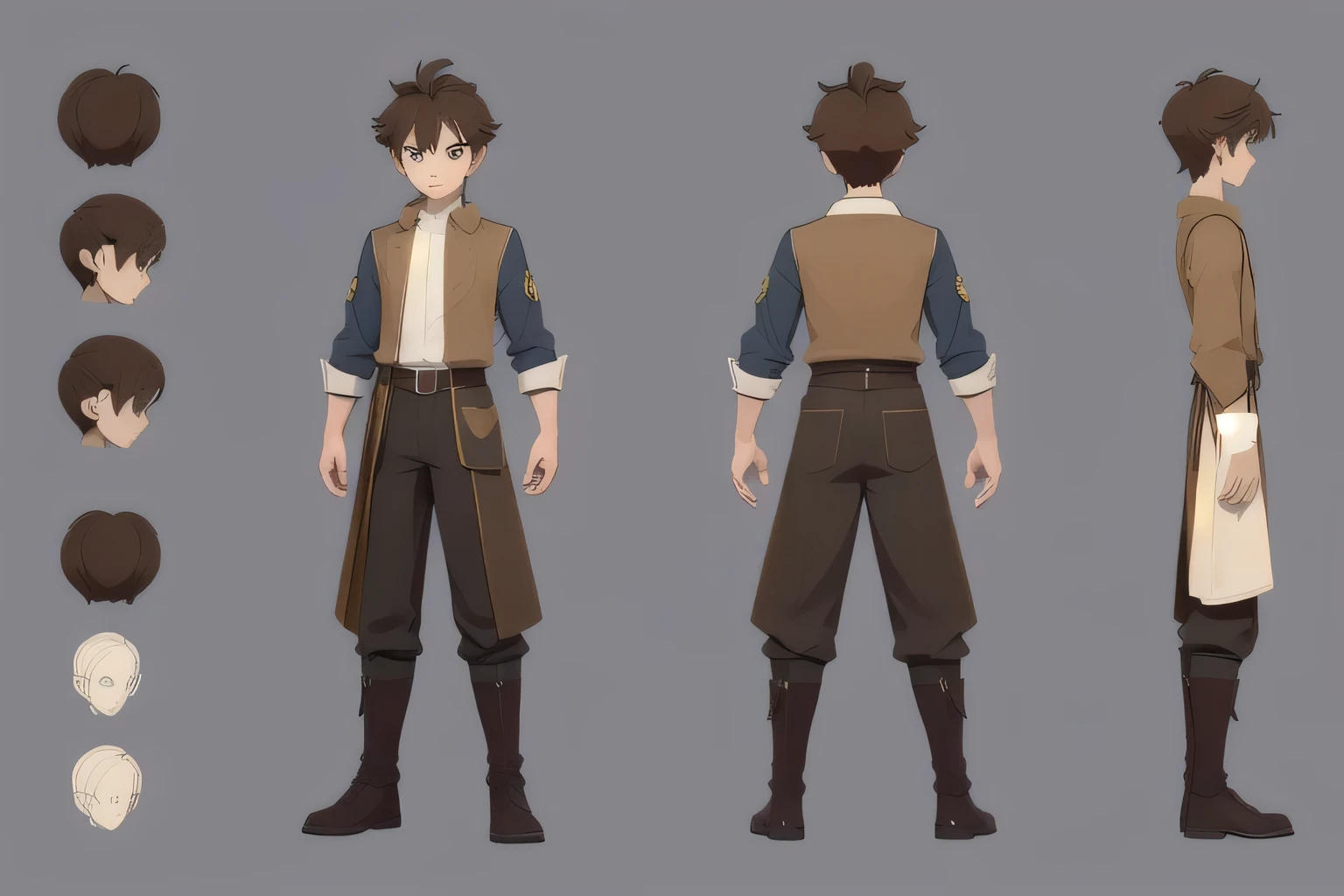 Rear view, Front view, multi-angle,  concept art,European and American cartoons, Original character design, 手-drawn drafts, 1 boy,male，Solid color background，Brown-haired magical star boy