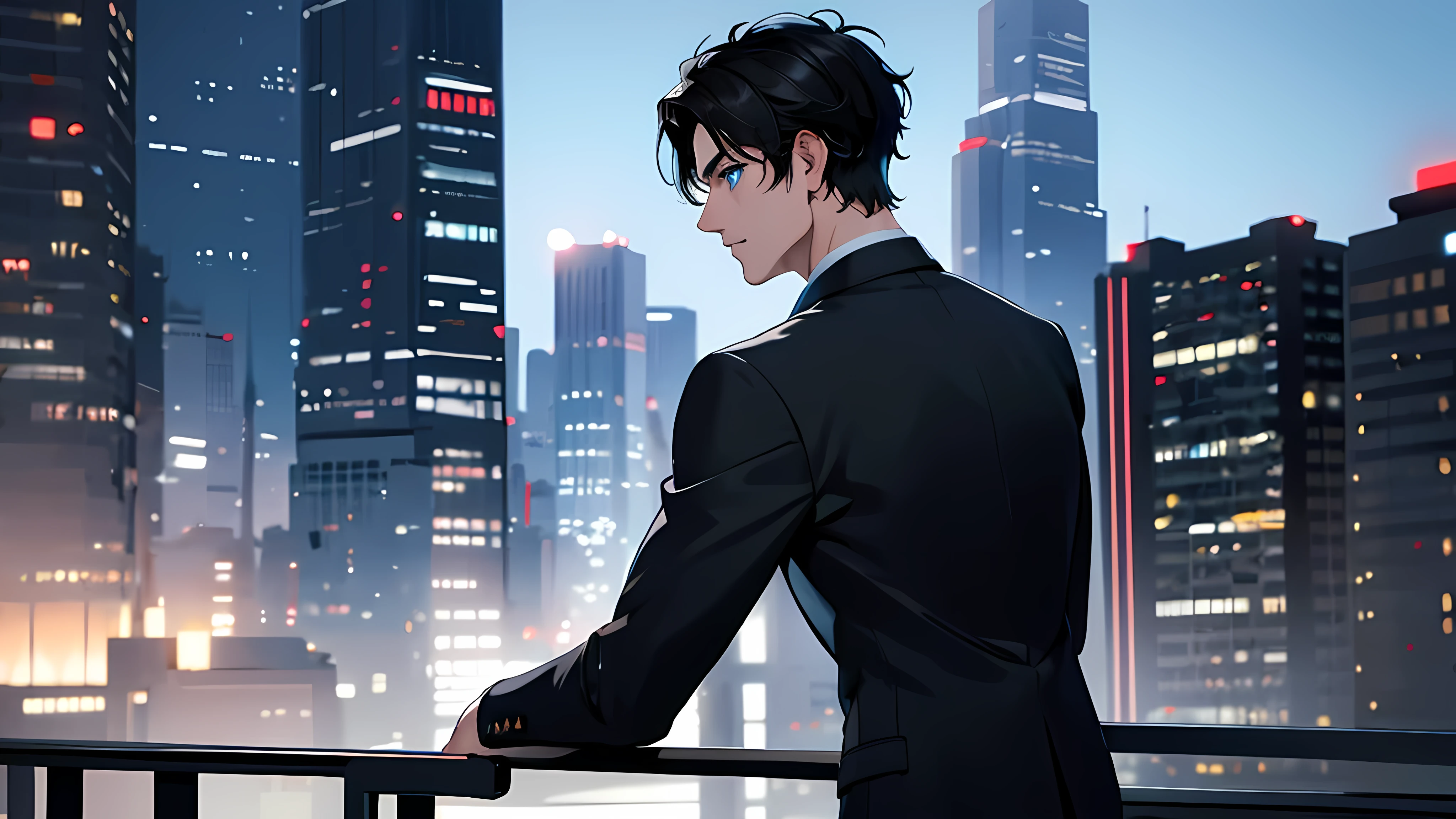 1 boy, medium light black hair, light blue eyes, wearing black suit, city, absurdres, high res, ultrasharp, 8K, masterpiece, looking from behind