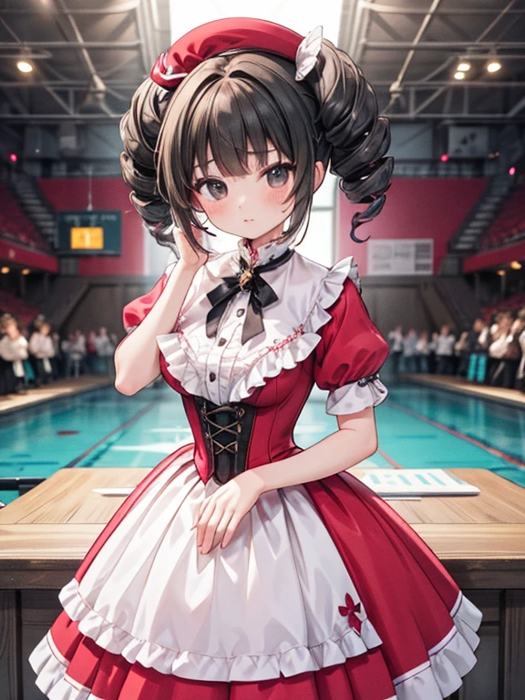 masterpiece, highest quality, Very detailed, 16k, Ultra-high resolution, -yeld gi Detailed face, Anatomically correct, black eye, Black Hair, Long Hair, Drill Hair, (mega twin drills:1.5), (victorian dress:1.6), (Red dress:1.5), Shoulder-to-shoulder clothing, Skirt with a widened hem, necklace, Concert Venues, guitarshop, guitar, guitar演奏