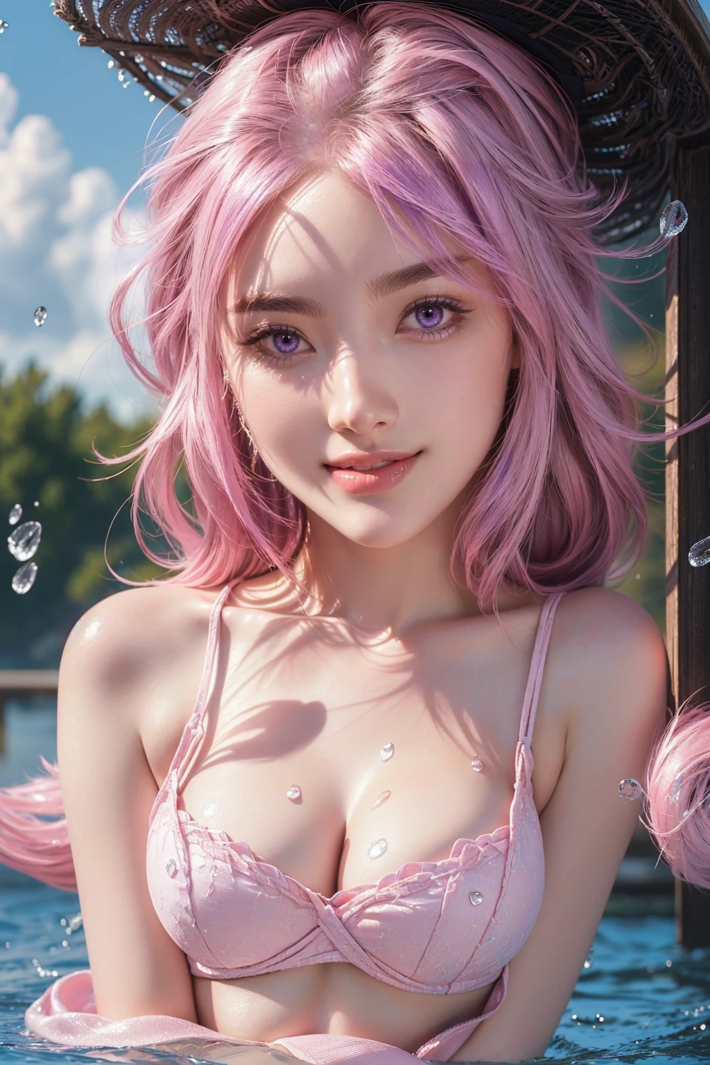 photography, 16k, hyper realistic, ultra detailed, amazingly beautiful girl, add pink hat, pink eyes, smile, big breasts, water drops in skin, extremely detailed professional photo, fashion model,