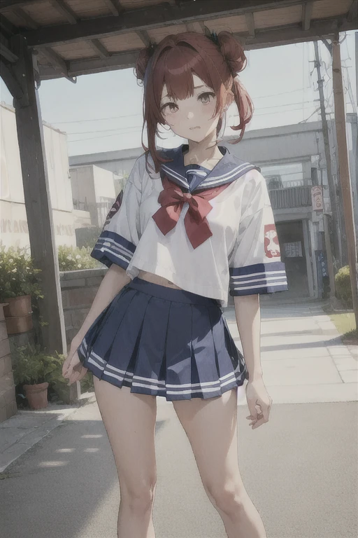 1 girl, Redhead, Updo, Facial hair stripes, Red eyes, mascara,  skirt, Sagging under the eyes, Are standing、 Ground angle shot, Viewers looking up, feet,  Impact, 8k, masterpiece,Thighs,color、Sailor suit、uniform、skirtを捲り上げる、(skirtめくり:1)、pants、erotic、sexy、Embarrassed face、Embarrassed face、