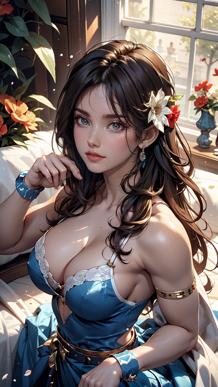 A 23-year-old white woman with unparalleled beauty、blue eyes、Dark Blonde、Hair is wavy、long hair、The ends of the hair are curled upwards、smile、Cleavage Emphasis、My chest is popping out、The navel is sticking out、My abs are ripped、A slim, well-proportioned, muscular body with big breasts、The sunlight is shining from above、Photorealistic images、8K quality、I want my head to stay off screen、Wearing accessories on the wrist、wearing tango dancer costume、A blizzard of flowers is blowing、dancing passionately