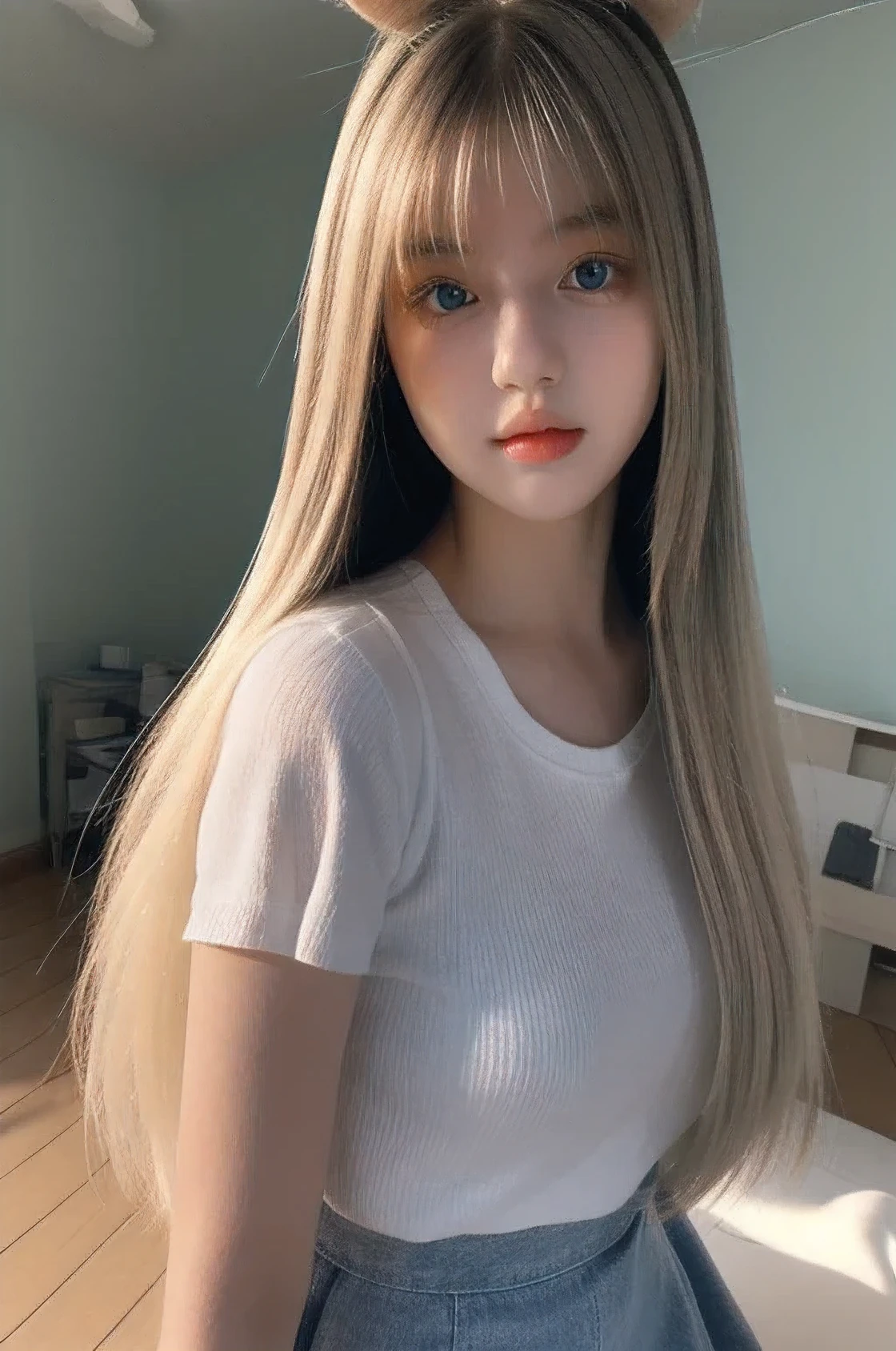 bright expression、photorealisim、top-quality、超A high resolution、a picture、Photos of the most beautiful Nordic girls、Detailed cute and beautiful face、a small face、(pureerosface_v1:0.008)、Beautiful bangs、alice in the wonderland、20yr old、Glowing white shiny skin、poneyTail、Bangs that extend to the face、bangss、Hair between the eyes、Super long hair、The most beautiful platinum blonde super long silky hair in the world、finer hair、Attractive glowing beautiful bright clear light blue big eyes、School Uniforms、student clothes、eye liner、Double eyelids、ample breasts