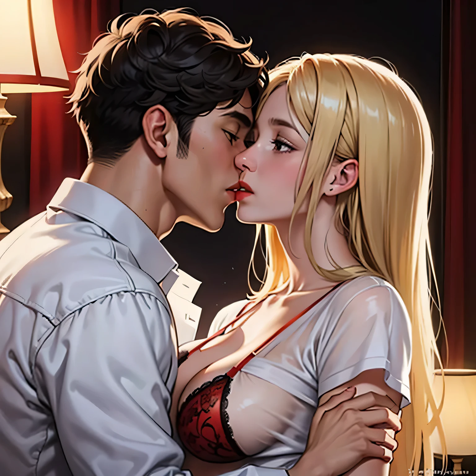 Amazing portrait of a sexy woman kissing and making out with a shirtless boy with her glossy red lips while wearing a sheer white shirt that reveals the red lacy lingerie that she's wearing underneath the shirt in a dimly lit room with one lamp giving off warm lighting