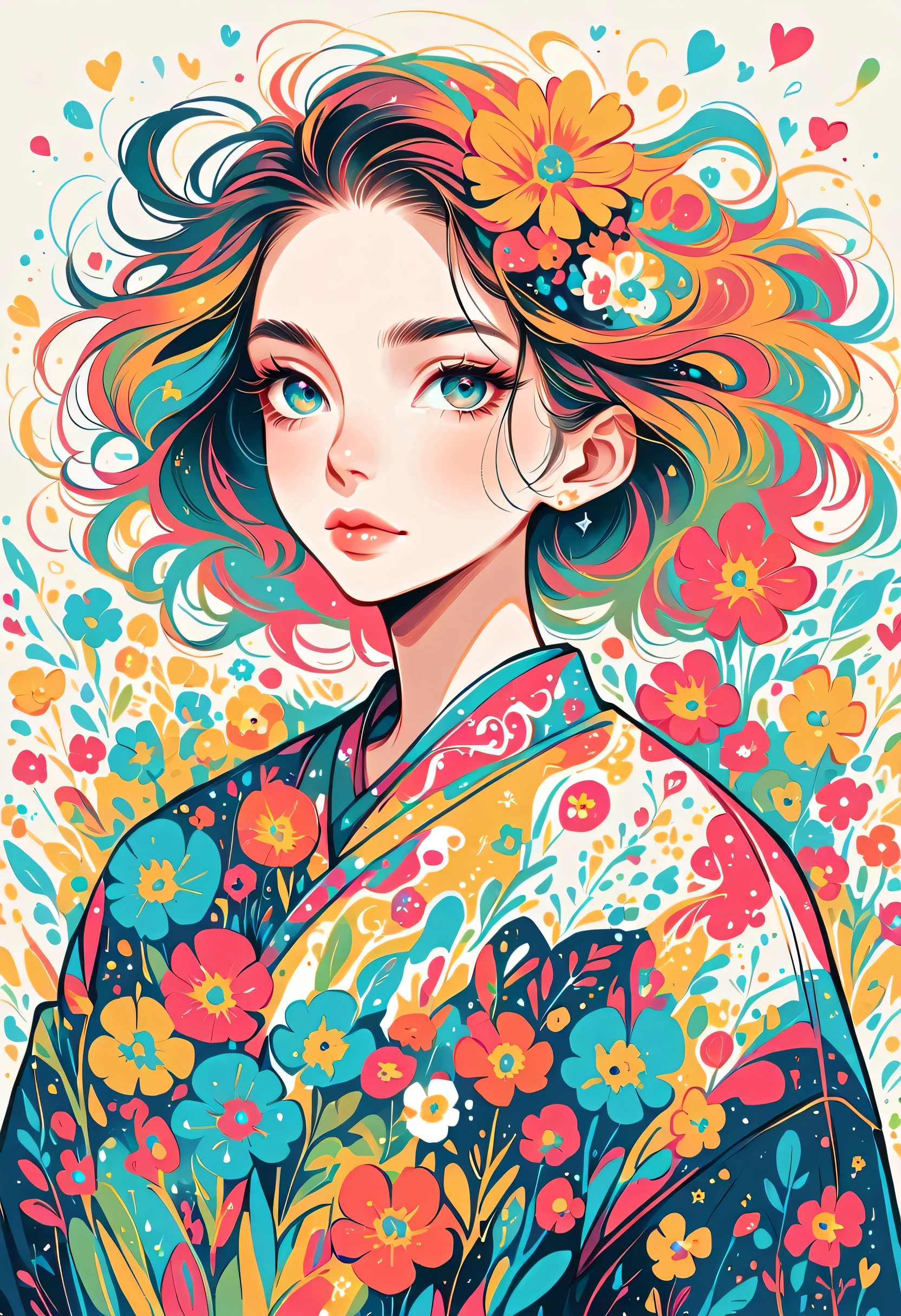 Takashi Murakami style, Standing in front of a high wall,Simple Line Initialism,Abstract art,Urban Background, (((The most beautiful girl))), colorful flowers, Lips in love