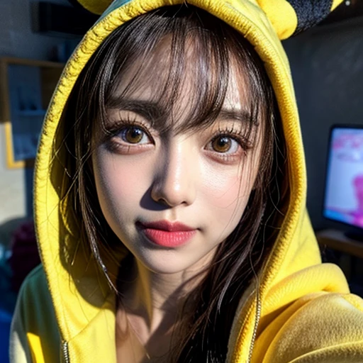 NSFW, (Girl in ((Yellow)) Pikachu hood), (naked hoodie, hood loosely open), MoreSode . masterpiece 8K best quality, (RAW PhotoRealistic HyperRealism:1.37) Ultra-detailed, (Acutance:0.85), VolumetricLighting, (Studio) gray background with (Blurred colorful Lights dazzling bokeH:1.28), { (Gigantic Cleavage;1.37) | Navel | (Golden ray illuminating face) | (Photon Particles:0.95) } . BREAK . (((Extremely detailed KAWAII face, NOGIZAKA))), perfect anatomy, Childish, CaptivatingGaze, Elaborate detailed Eyes with (Sparkling Highlights:1.28), Beautifull Pupils, (Voluminous Long Eyelashes:0.88)、Glossy Lips, Rosy Cheeks, (Flawless FineSkin, Radiant PearlSkin with Transparency) . { (joyful expressions:1.28) | (:d) }, (Large eyes:-1) . (((from above, leaning forward with DownBlouse)))