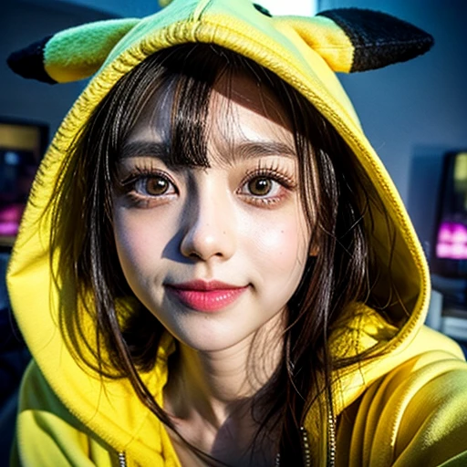 NSFW, (Girl in ((Yellow)) Pikachu hood), (naked hoodie, hood loosely open), MoreSode . masterpiece 8K best quality, (RAW PhotoRealistic HyperRealism:1.37) Ultra-detailed, (Acutance:0.85), VolumetricLighting, (Studio) gray background with (Blurred colorful Lights dazzling bokeH:1.28), { (Gigantic Cleavage;1.37) | Navel | (Golden ray illuminating face) | (Photon Particles:0.95) } . BREAK . (((Extremely detailed KAWAII face, NOGIZAKA))), perfect anatomy, Childish, CaptivatingGaze, Elaborate detailed Eyes with (Sparkling Highlights:1.28), Beautifull Pupils, (Voluminous Long Eyelashes:0.88)、Glossy Lips, Rosy Cheeks, (Flawless FineSkin, Radiant PearlSkin with Transparency) . { (joyful expressions:1.28) | (:d) }, (Large eyes:-1) . (((from above, leaning forward with DownBlouse)))
