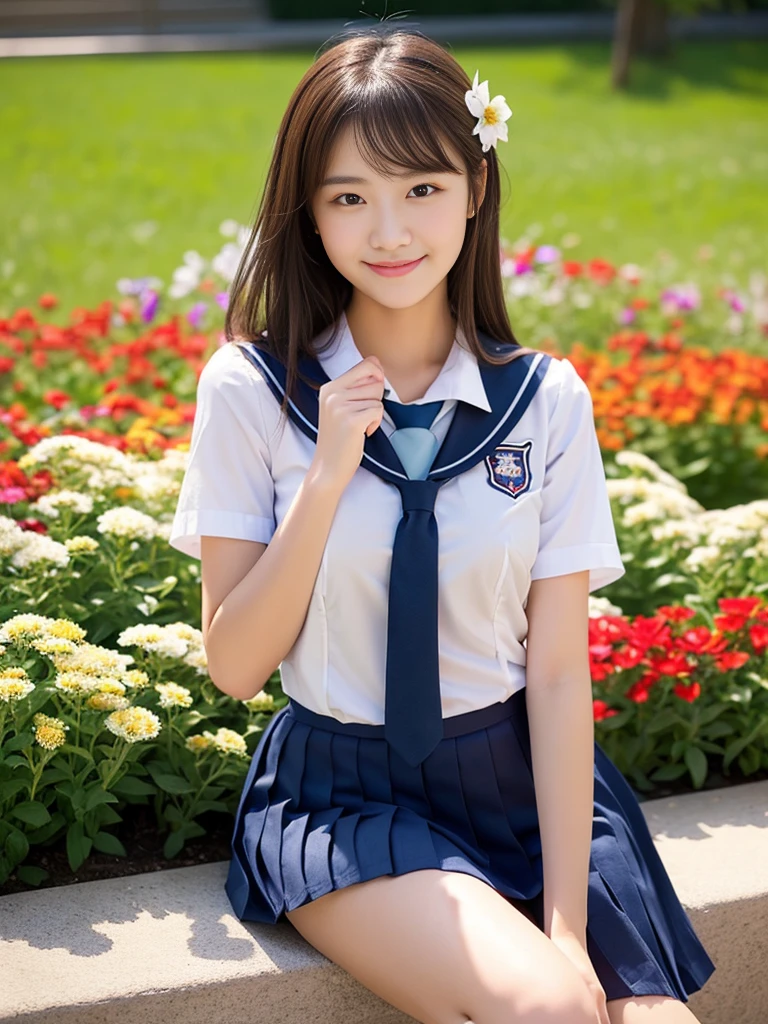 最high quality、high quality、Best image quality、Small size sailor suit、Tight uniform、Summer clothes、mini skirt、Twin tails、smile、,最High resolution、High resolution、最high quality、masterpiece、RAW Photos、whole body写真、Detailed and realistic human body、Detailed and realistic skin、Realistic face in every detail、Detailed and realistic eyes、Detailed and realistic lips、Detailed and realistic teeth、Detailed and realistic ears、Detailed and realistic hair、Detailed and realistic weapons、Realistic reproduction of every detail、Realistic fingers in every detail、(Beautiful Hands、thumb１reference４)、Realistic feet down to the last detail、((Beautiful Japanese Woman))、(Japanese Model)、((21 year old beautiful woman))、(Black Hair)、(Straight hair)、((whole body))、(Slim and perfect figure)、(whole body光沢肌、Fair skin)、Detailed and realistic human body、Detailed and realistic skin、Realistic face in every detail、Detailed and realistic weapons、Realistic fingers in every detail、Detailed realistic feet、Soft natural light、Japanese garden、A 360-degree view of hydrangea fields、((Standing in the middle of a hydrangea field(A girl surrounded by hydrangeas 360 degrees))、Poses to make your thighs look beautiful