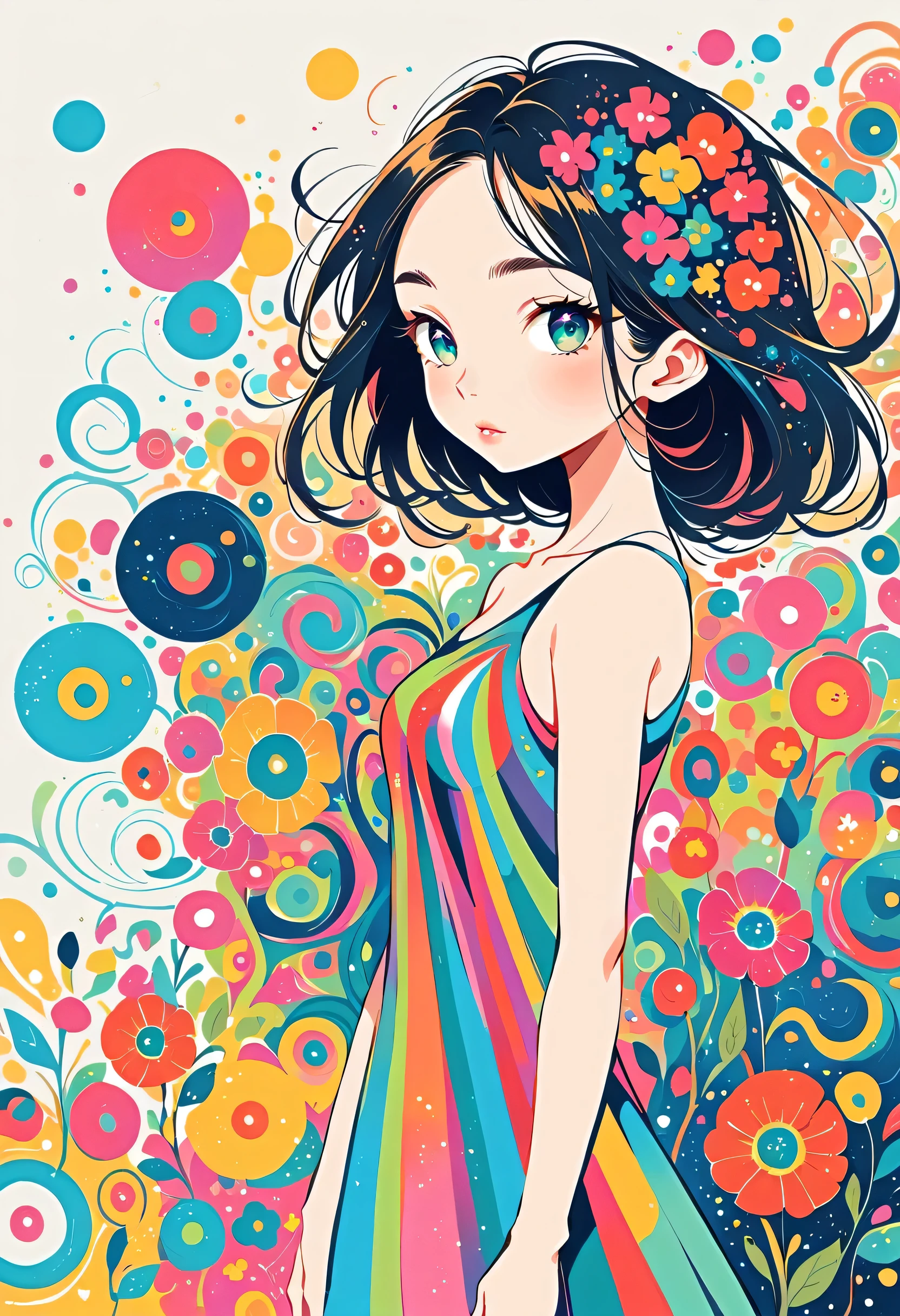 Takashi Murakami style, Standing in front of a high wall,Simple Line Initialism,Abstract art,Urban Background, (((The most beautiful girl))), colorful flowers, Lips in love