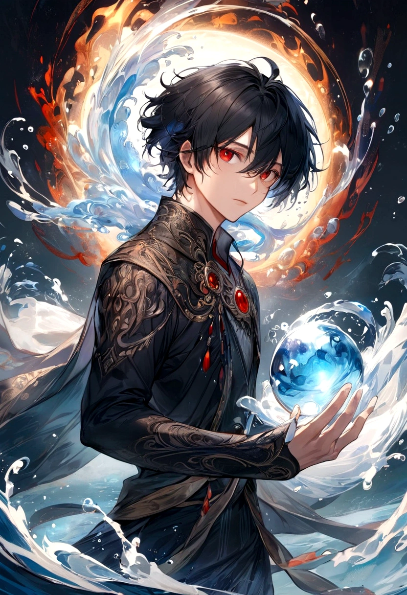 Male, Black Hair, Red Eyes, Element Water