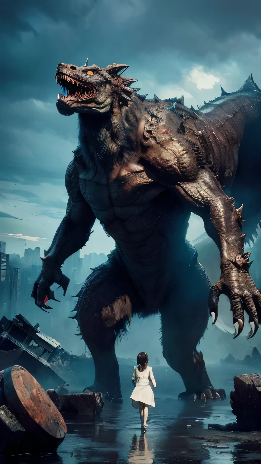 Ultra-high resolution, Superior Quality, highest quality, Super detailed, Realistic, 8k, highest quality, masterpiece, Japanese woman holding hands with a big monster, Ruined City, A dark, mysterious and eerie worldview,