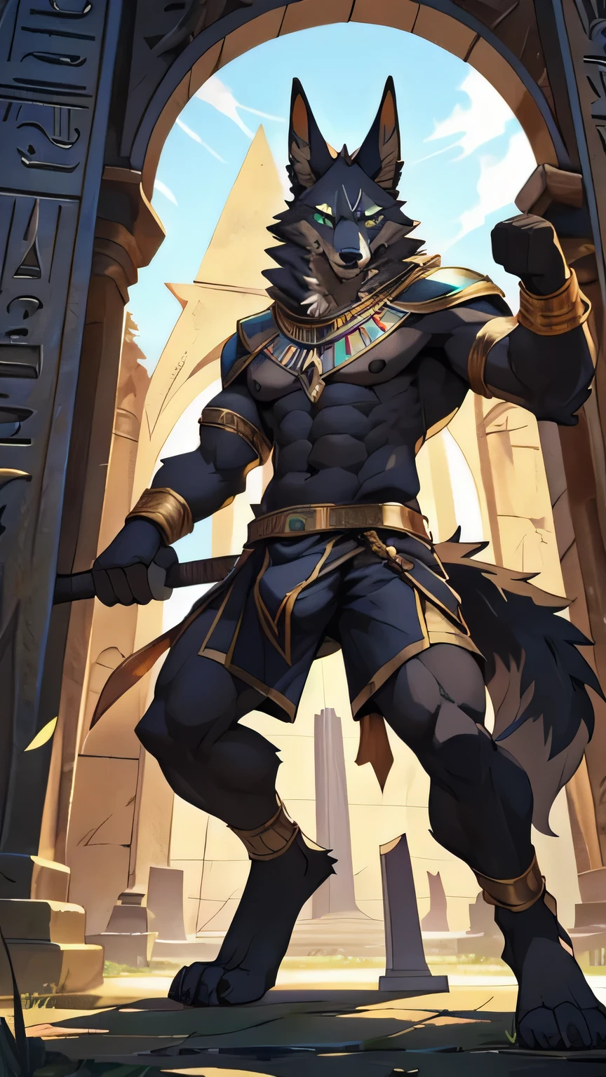 ((Anubis)),(grim Reaper),(Weapon scythe),Pharaoh element artwork,cold,high quality,((whole body)),Furry wolf,(teenagerfurry),Wolf Tribe,teenager,Jackal,Golden Neck Armor,(Gold Bracelet),(Black head),(Black limbs),(Black back),(Black neck),((Dark brown chest)),((Brown Abs)),(Green pupils),Thin ears,Long ears,Pointed ears,(Cyan ear hair),(Thick body),(Thin waist),Pectoralis major,((Long legs)),(Bigfoot),Thick wolf tail,Mature face,Exquisite eyes,,Delicate eyes,Detailed body,Detailed legs,(Perfect hands),(Perfect feet),high resolution,No shirt,No underwear,Ribbon,((Crotch bulge)),(((Mausoleum Background))),(daytime),(looking directly at camera),(Fighting Stance),Kenket's Art