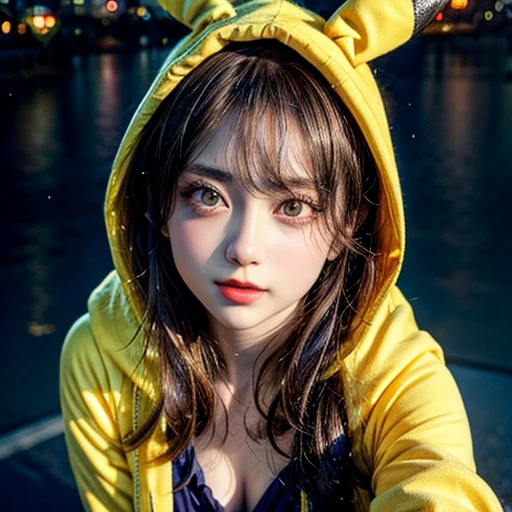 NSFW, (Girl in ((Yellow)) Pikachu hood), (naked hoodie, hood loosely open), MoreSode . masterpiece 8K best quality, (RAW PhotoRealistic HyperRealism:1.37) Ultra-detailed, (Acutance:0.85), VolumetricLighting, (Studio) gray background with (Blurred colorful Lights dazzling bokeH:1.28), { (Gigantic Cleavage;1.37) | Navel | (Golden ray illuminating face) | (Photon Particles:0.95) } . BREAK . (((Extremely detailed KAWAII face, NOGIZAKA))), perfect anatomy, Childish, CaptivatingGaze, Elaborate detailed Eyes with (Sparkling Highlights:1.28), Beautifull Pupils, (Voluminous Long Eyelashes:0.88)、Glossy Lips, Rosy Cheeks, (Flawless FineSkin, Radiant PearlSkin with Transparency) . { (joyful expressions:1.28) | (:d) }, (Large eyes:-1) . (((from above, leaning forward with DownBlouse)))