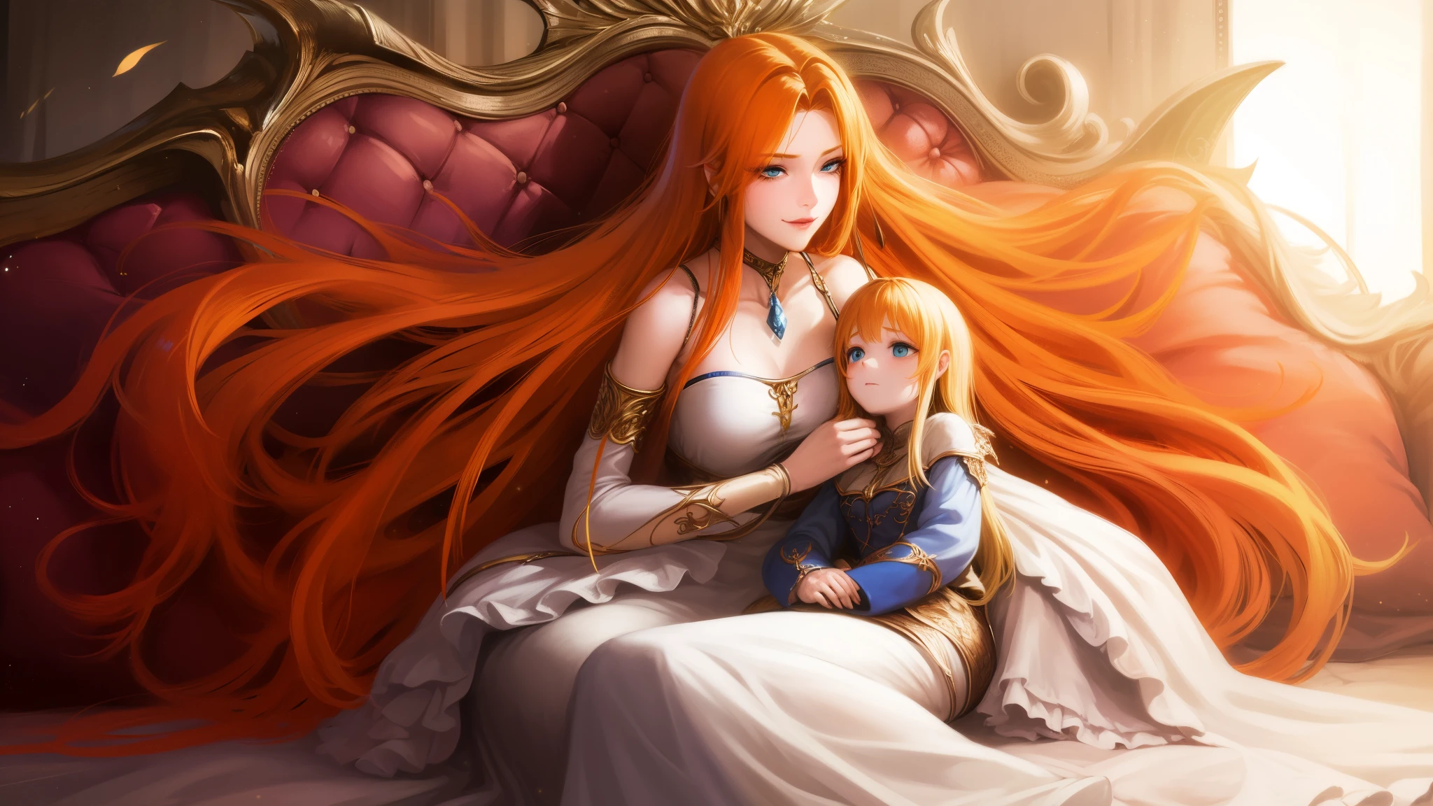 a beautiful woman with long orange hair dressed in a long white full-sleeve garment sitting on the grass under a tree with a slightly sad look and a smile on her face, patting her adorable cute little blonde sleeping daughter.
