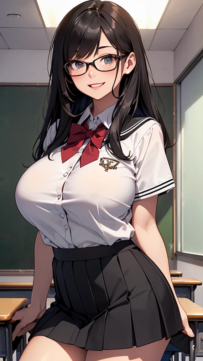 high resolution, extremely detailed CG, unity 8k wallpaper, super detailed skin, perfect anatomy, detailed, cinematic lighting, dynamic lighting, beautiful detailed eyes, one girl, cowboy shot, (black long hair, black eyes:1.2), glasses, (arms behind back:1.2), (smile:1.6), open mouth,  (beautiful girl, delicate girl:1.3), (18yo:1.6), curvy body, extremely fine-grained clarity, (symmetrical eyes:1.3), (classroom:1.2), (school uniform, school tight skirt:1.6), (gigantic breasts:1.4), (Eye and face details:1.0), gleaming skin, (looking at viewer:1.8),