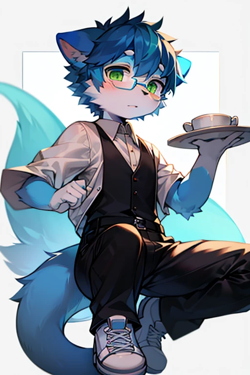 （Best quality，4k，8k，high resolution，masterpiece：1.2），Ultra Detail，Blue short hair，Fluffy，cute，illustration，Shota，number，Vibrant colors，Surreal，Pastel color palette，Soft lighting，hairy，Cat，Cat耳朵，Cat尾巴，Green Eyes，male，Long Tail，personification，Blue fur，White shirt，Black trousers，White background plate，wear glasses，White shoes，hairy艺术风格