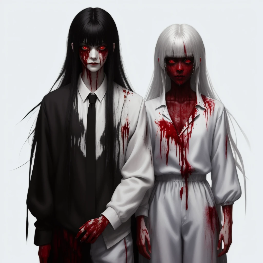 (masterpiece, best quality:1.2), cover image, splashed color background, highly detailed, colorful black, 1 girl, long silver hair, red eyes, short hair, blunt bangs, mannequin, cool face, (((white clothes))), illustration, horror art, dread, creepy, blood, blood eyes, gore, wabstyle