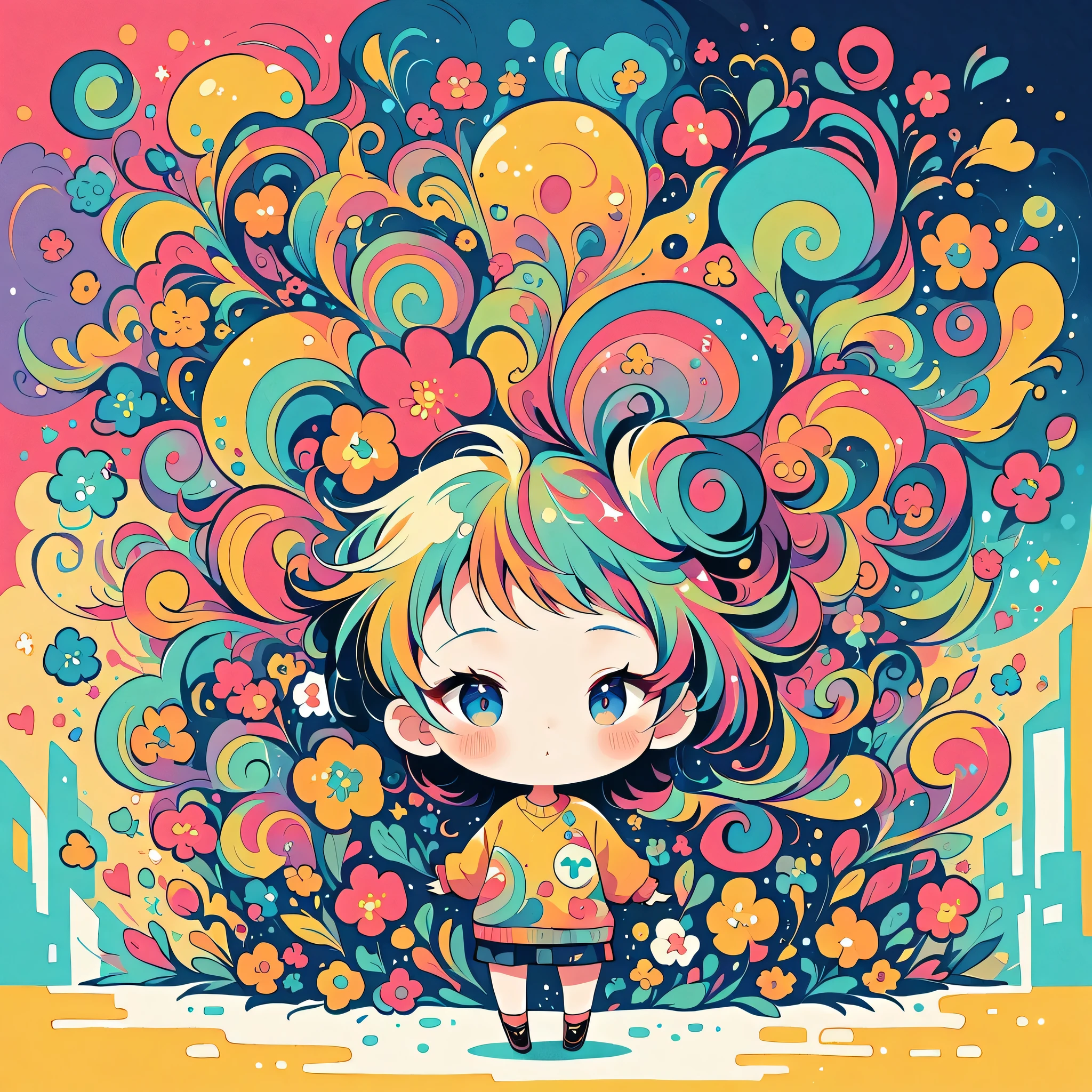 Watase Seizo style, Standing in front of a high wall，Simple Line Initialism，Abstract art，Urban Background, (((The most beautiful girl))), (((chibi))), colorful flowers