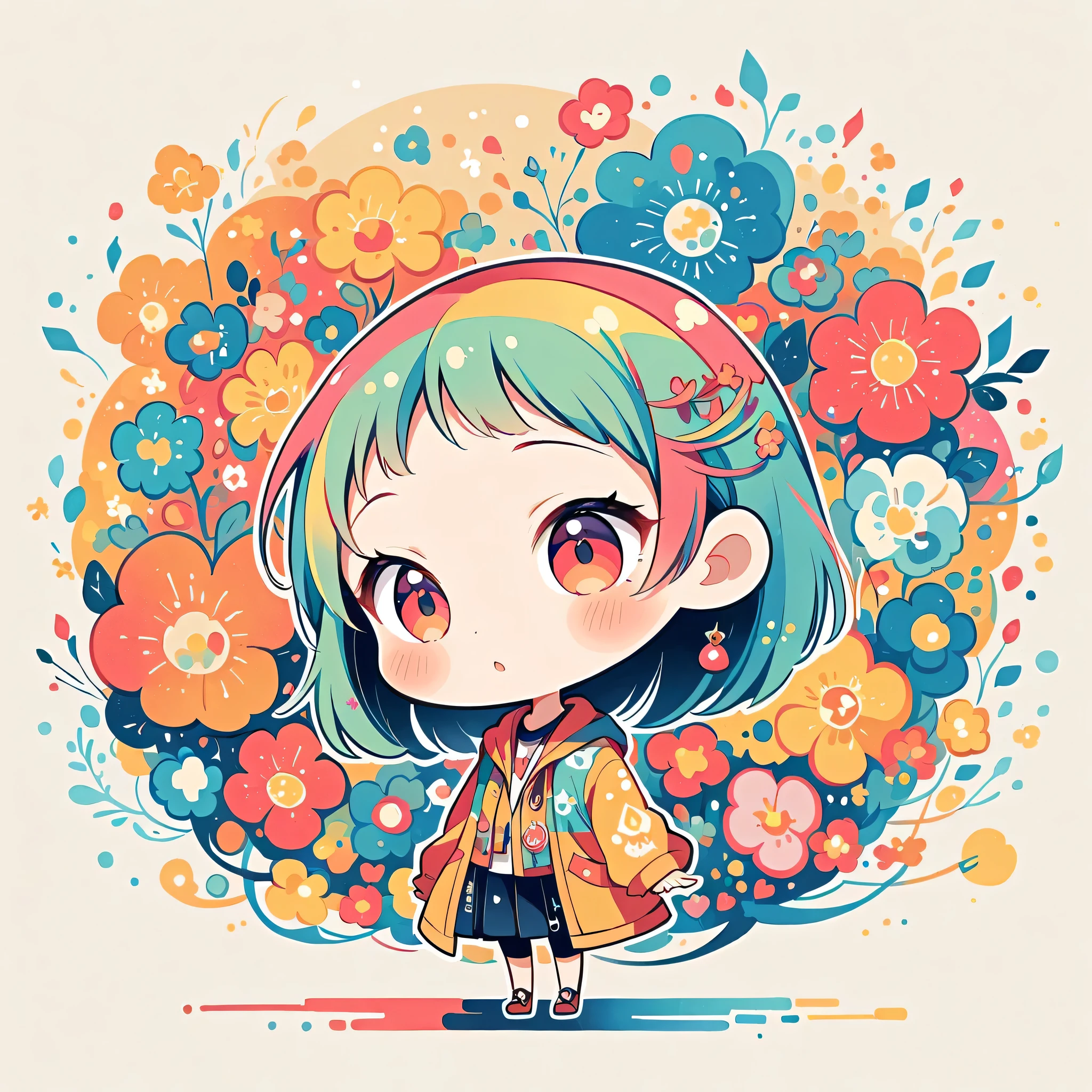 Watase Seizo style, Standing in front of a high wall,Simple Line Initialism,Abstract art,Urban Background, (((The most beautiful girl))), (((chibi))), colorful flowers