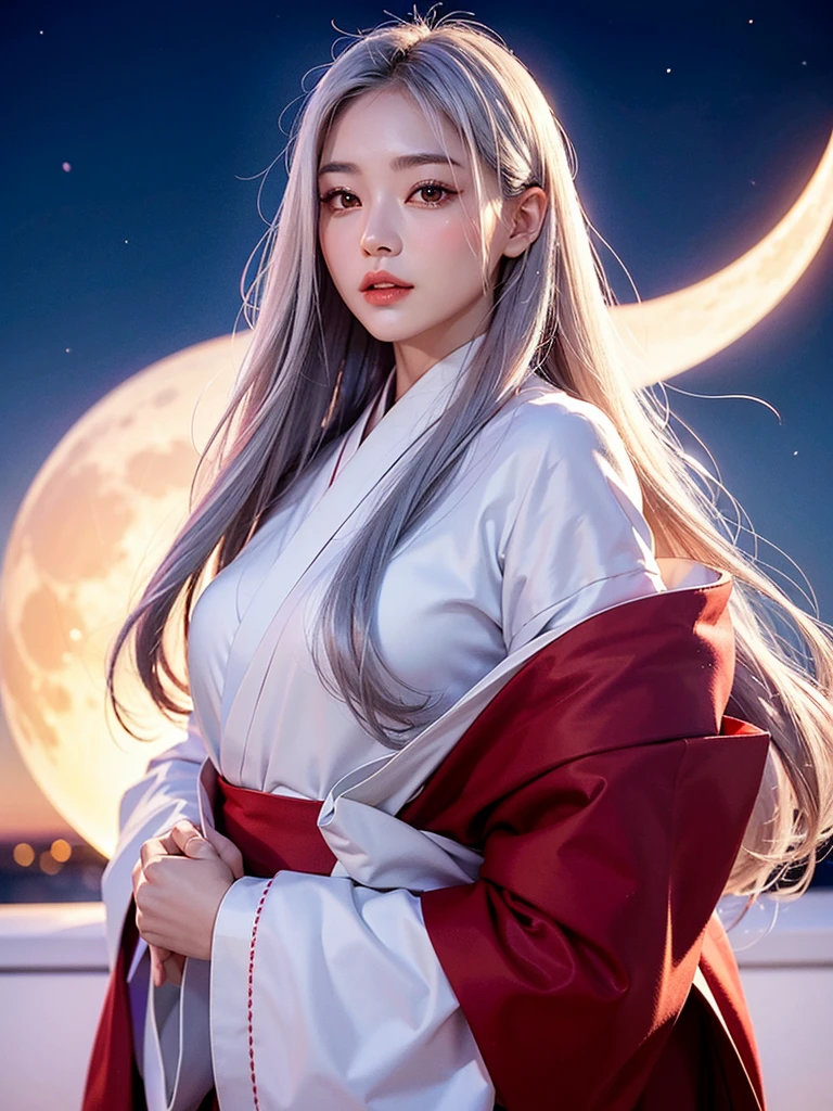 high resolution、high quality、One very beautiful woman、Silver Hair、Smooth long hair、White skin、Red Eyes、Stylish white and red kimono、Beautiful full moon scenery、Protected by the white fox god