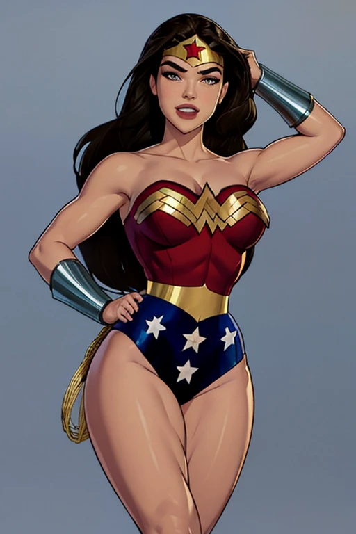 Natural Beauty, Masterpiece, Hailee Steinfeld, Perfectly Accurate Face Proportion, Realistic Light Brown Eyes, Thick Eyebrows, Wonder Woman, Wonder Woman Tiara, Big Breast, Curve Wide Hips, Toned Thighs, Toned Arms, Grin On Her Face, Victory Pose with Form-Fitting Suit: With her golden lasso held high and her other fist raised, the tight suit hugs Wonder Woman’s figure, highlighting her curves and muscular build. From behind, the suit outlines the shape of her waist, hips, and legs, while her cape flows dramatically.
