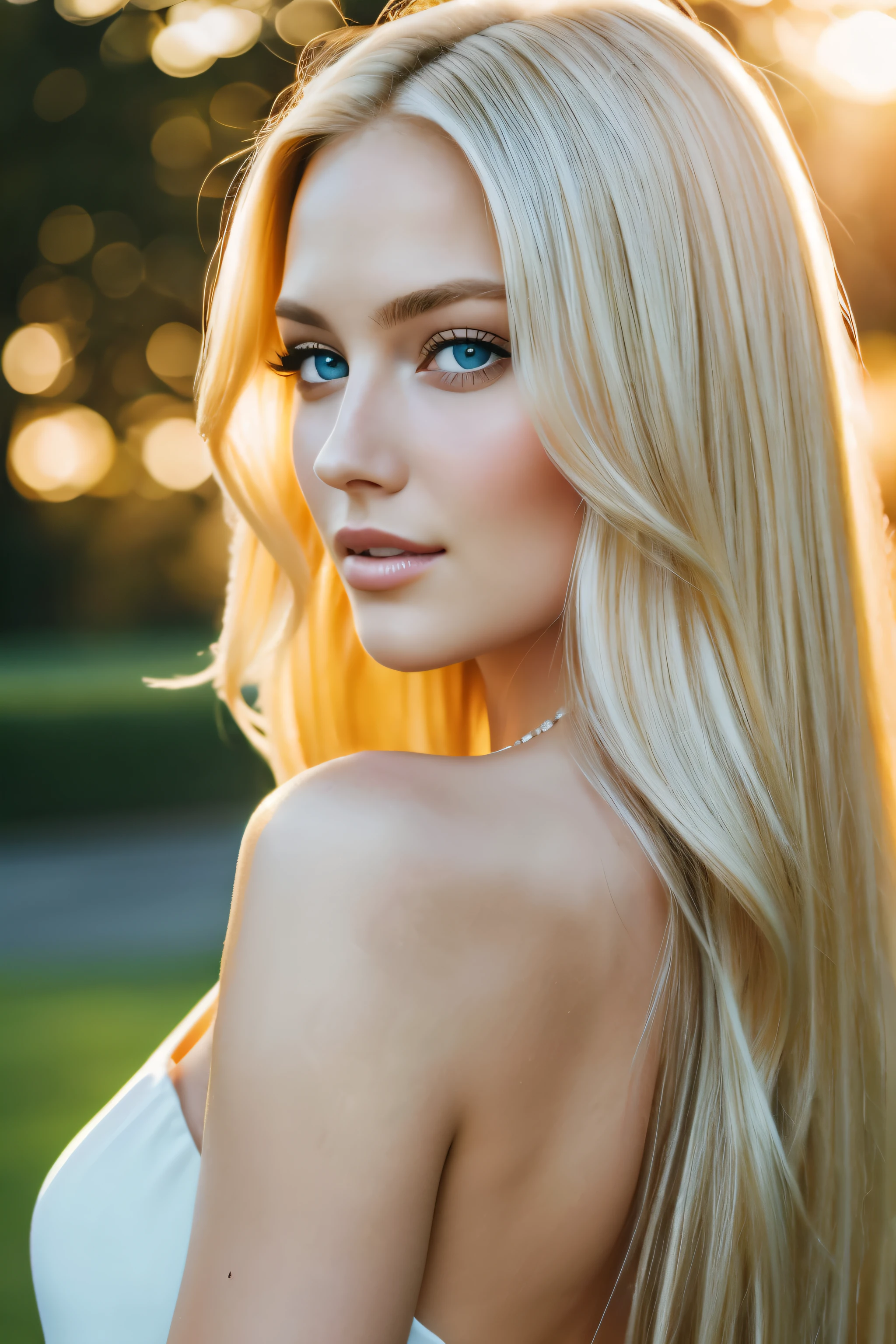 Beleza loira com longo, cabelo liso e sedoso caindo em cascata pelas costas, olhos azuis cativantes brilhando sob a luz natural do sol, showing an impeccable, tez perfeita, Uma jovem incrivelmente bela, seus olhos expressivos iluminados pela suavidade, luz quente, her delicate features accentuated by the slight blush on her cheeks, an enchanting sight to see, its impressive beauty is a true masterpiece, a portrait of timeless elegance and allure, a blonde beauty radiating charm and grace. (detailed facial features: 1.3), (High definition: 1.4), (golden hour lighting: 1.3), (canon