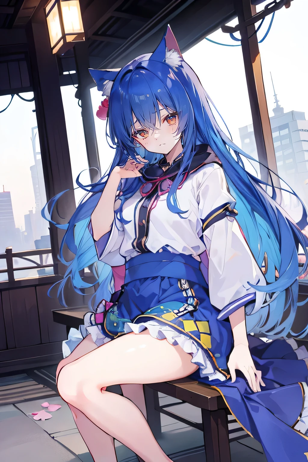 (masterpiece:1.2),Super detailed,lifelike,Expressive eyes,fair skin,perfect face shape,1 girl,
Japanese comics,Gorgeous blue hair,flowing blue hair,flowing clothes,Cat ears,Petals fall,beautiful lola,Baby Angel,
Shaking head with one hand,Cross your legs,Gentle and peaceful background,The pavilion is cool and comfortable,smile, wearing hoodie, background of tokyo,back views.