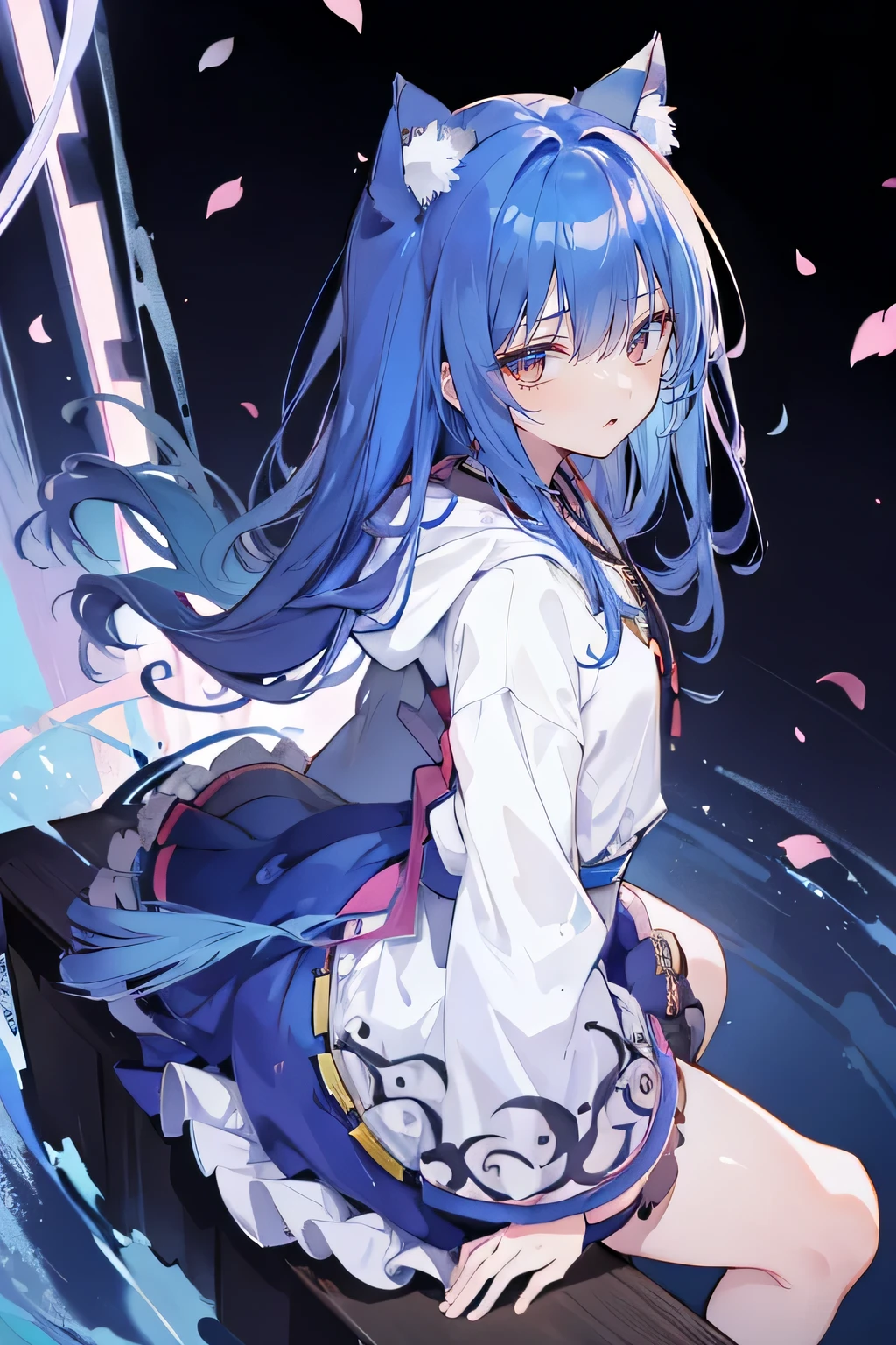 (masterpiece:1.2),Super detailed,lifelike,Expressive eyes,fair skin,perfect face shape,1 girl,
Japanese comics,Gorgeous blue hair,flowing blue hair,flowing clothes,Cat ears,Petals fall,beautiful lola,Baby Angel,
Shaking head with one hand,Cross your legs,Gentle and peaceful background,The pavilion is cool and comfortable,smile, wearing hoodie, background of tokyo,back views.